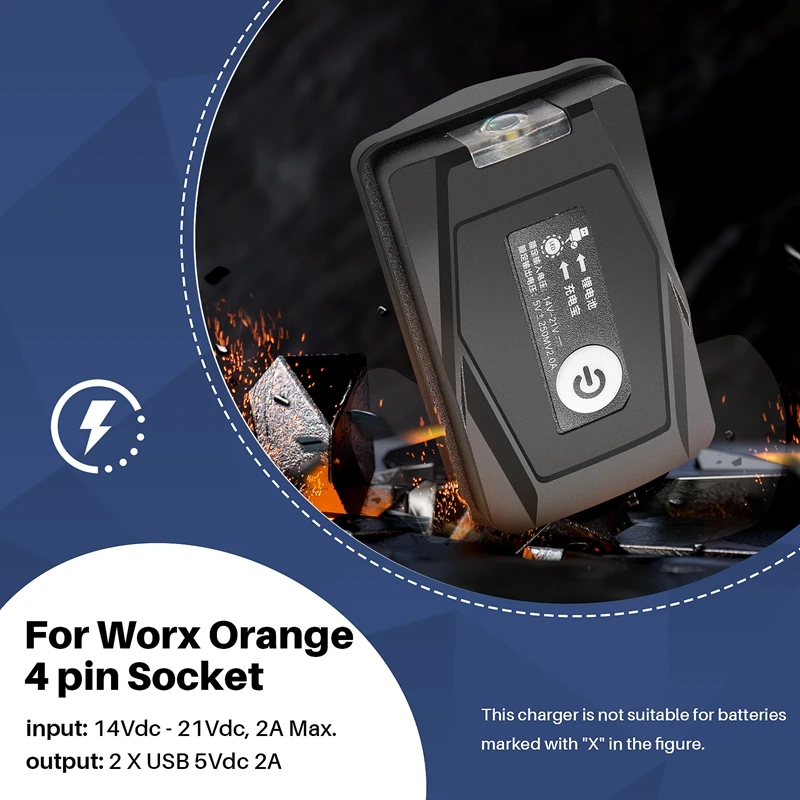 Adapter Light Lamp Flashlight Torch USB Mobile Phone Charger For Worx Orange 4 Pin Socket 20V Li-Ion Battery Power Bank