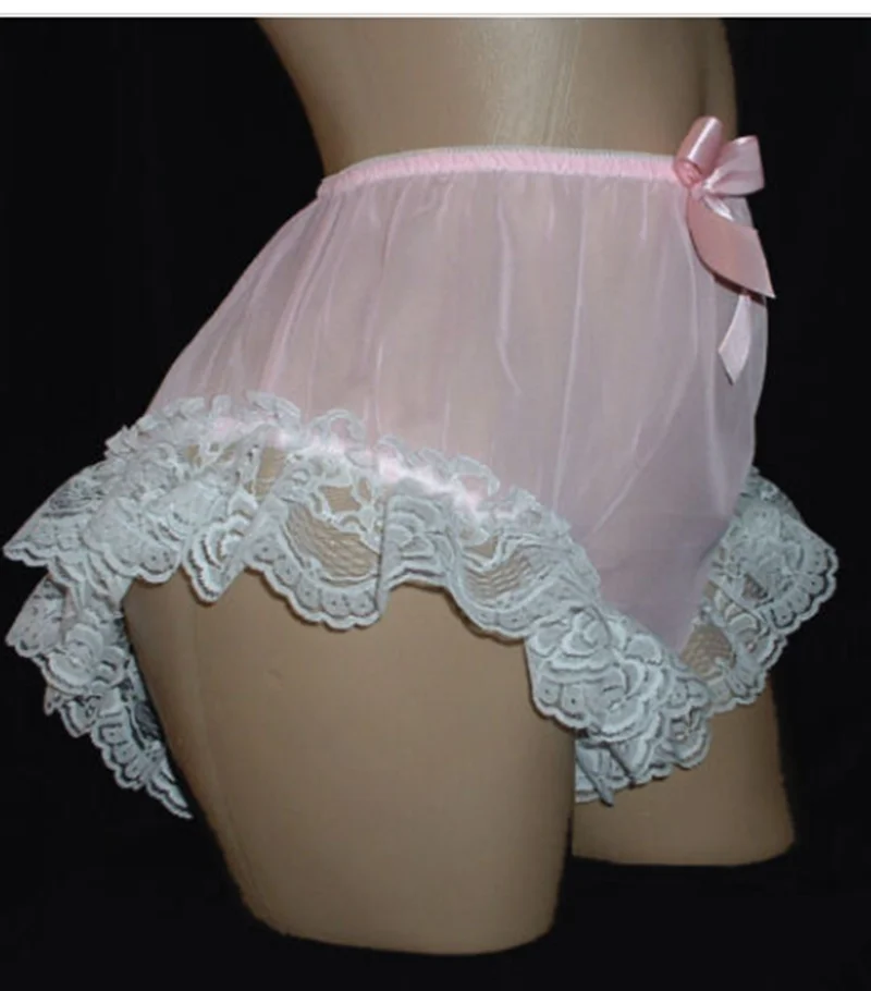

Pink organza with white lace lace and bow ribbon inlaid with translucent thin dew crossdressing triangle shorts