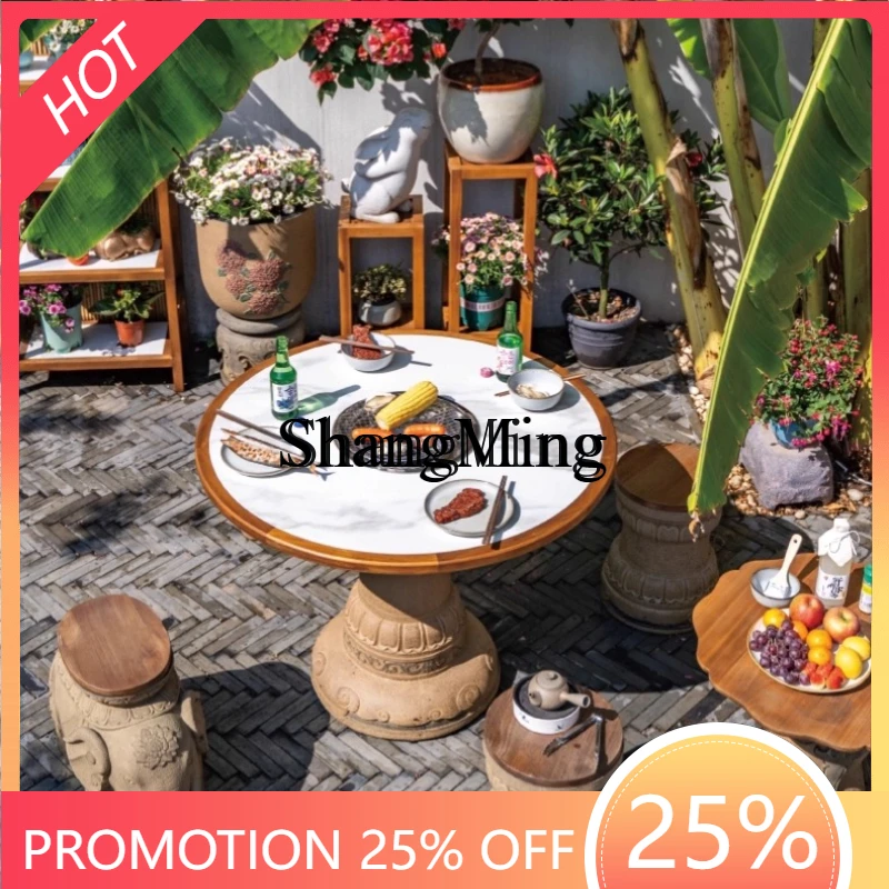 

SM new Chinese courtyard tea table and chair combination garden solid wood teak barbecue table outdoor barbecue