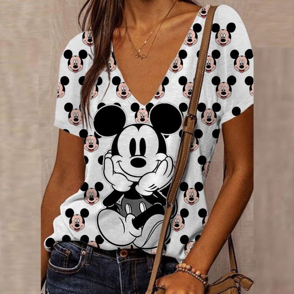 Women's Mickey Mouse Print V-neck T-shirt Tank Top Women's Summer Casual Basic Elastic Tank Top Fashion Women's T-shirt Tunic To