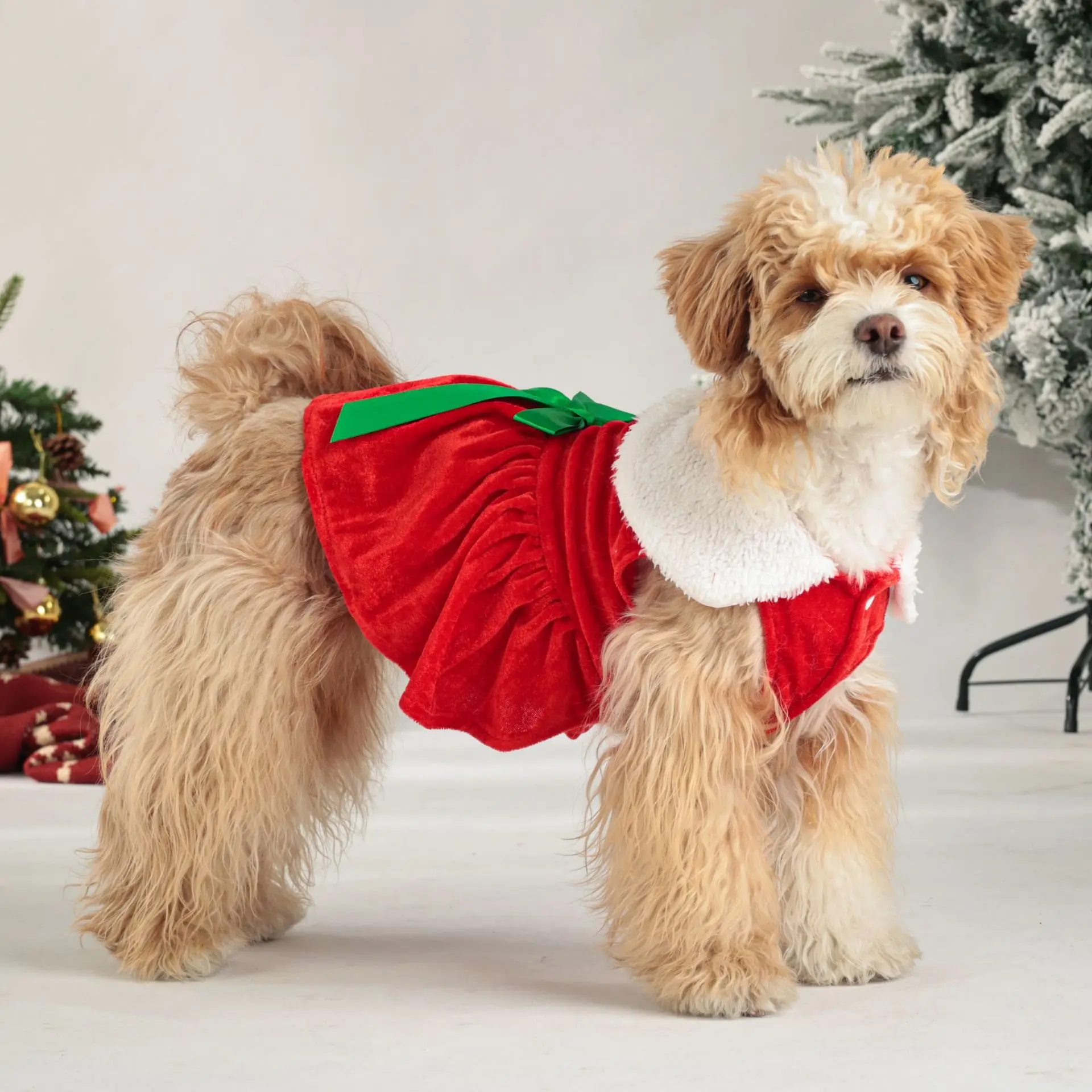 Vestido navideño de terciopelo para perros con cuello peludo, traje festivo para mascotas para perros pequeños y medianos