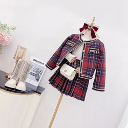 Children's clothing 2023 autumn girls' fashion Korean plaid small fragrance coat children's short skirt two-piece set 3-9Y