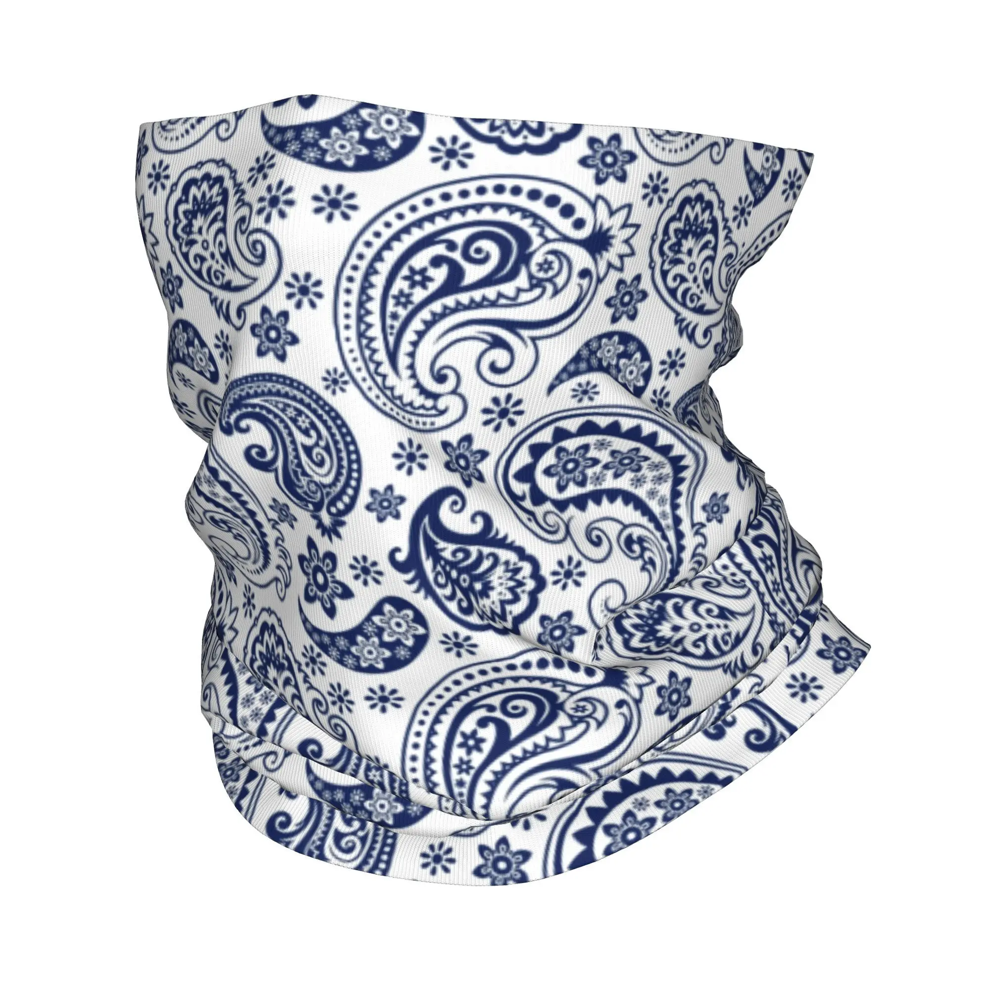 Custom Blue And White Vintage Paisley Style Bandana Neck Warmer  Winter Ski Hiking Scarf Gaiter Flowers Pattern Face Cover