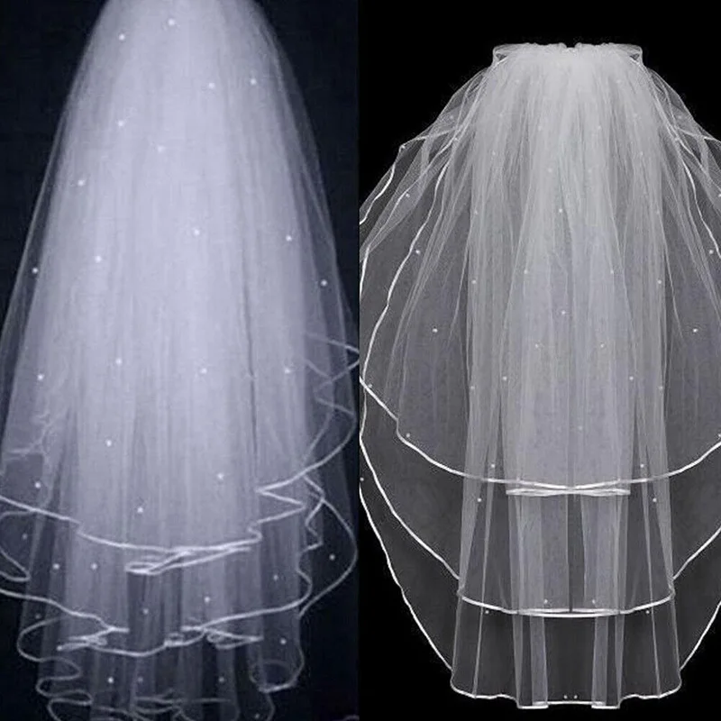 Wedding Veil White Bridal Comb 3 Tier Ribbon Edge with Pearl Center Cascade for Bachelorette Party