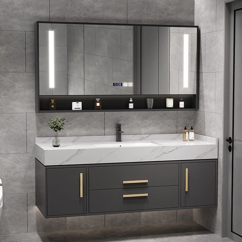 zn-Modern Solid Wood Lacquer Finish Wall-Mounted All-in-One Vanity Cabinet LED Mirror Stone Basin Stainless Steel Drainer@