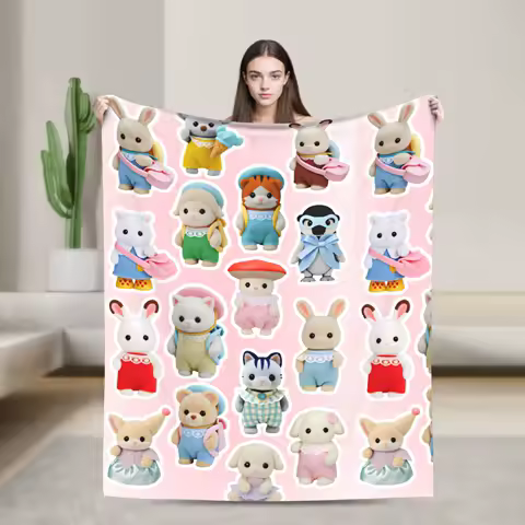 Cute Sylvanian Families Soft Warm Blankets Camping Plush Throw Blanket Funny Bedroom Flannel Bedspread Sofa Bed Cover