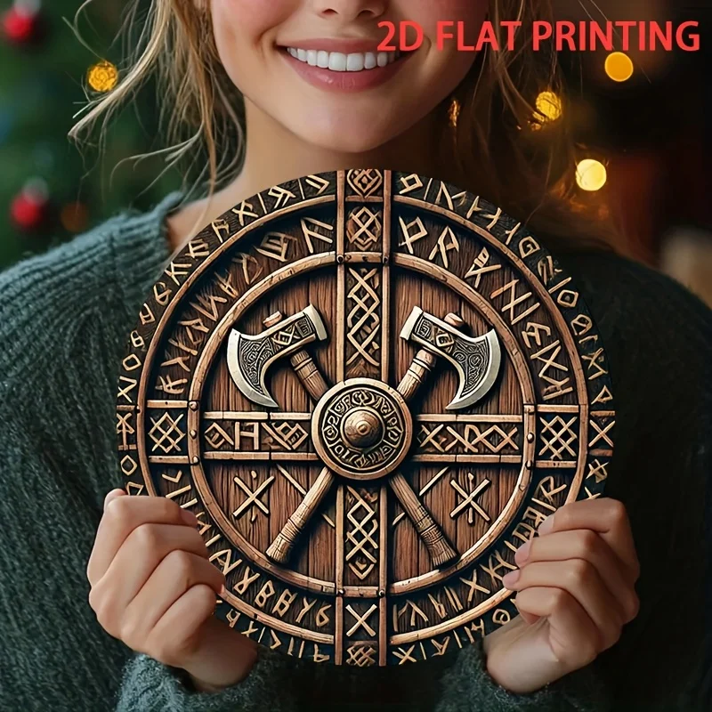 2D Flat, 2D Flat Viking Shield Wall Decor - Round Wrought Iron Viking Helmet Design with Axes & Runes, HD 2D Printing, Indoor/Ou