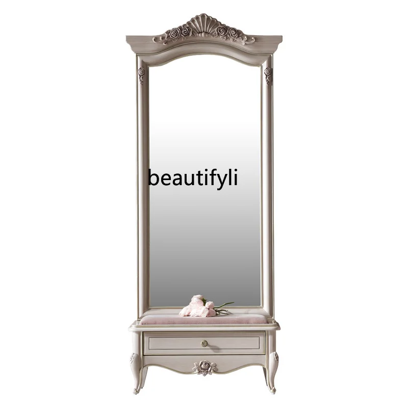 

French Furniture Solid Wood Dressing Mirror European Retro Bedroom Vertical Storage Full Body Floor Mirror