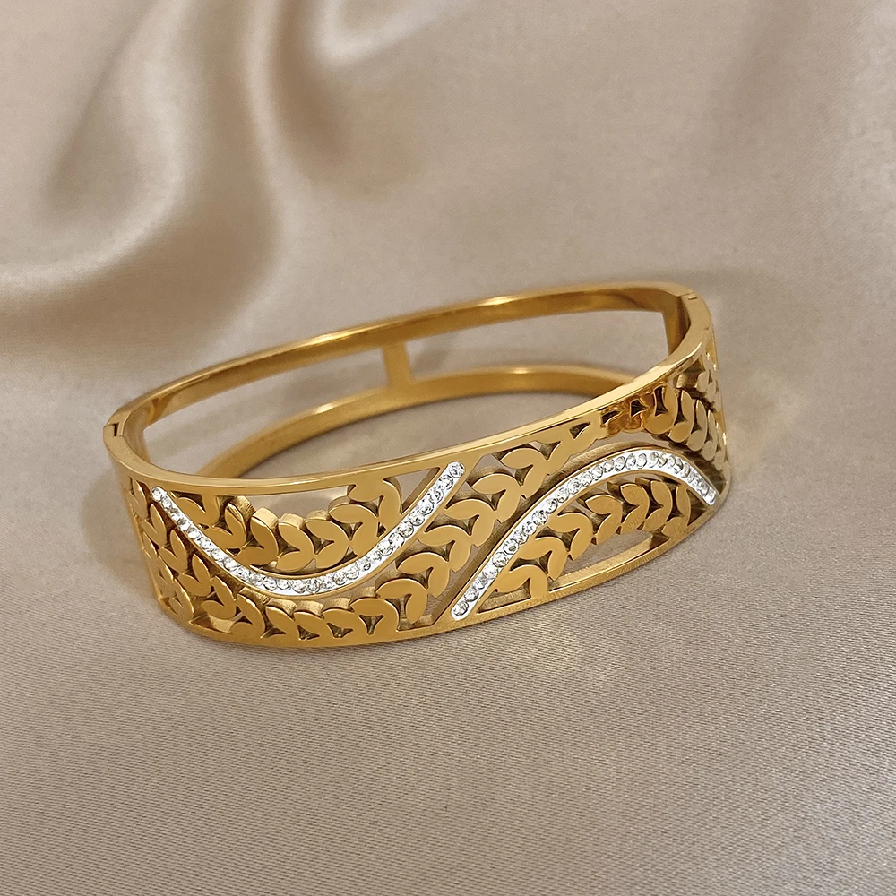 Greatera Wide Bracelet Half a Circle of Hollowed-out Entwined Branches White Rhinestone Chunky Stainless Steel Women's Bangles