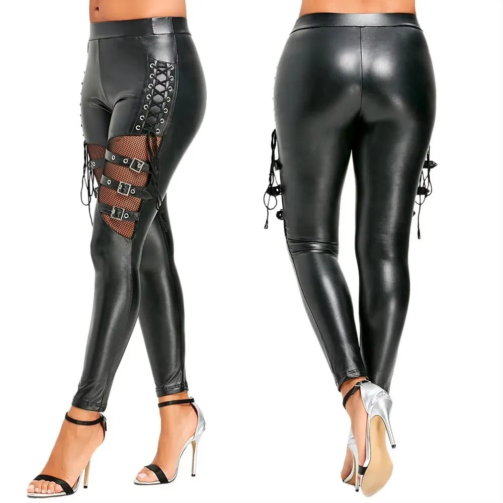 Gothic Punk Women PU Leather Leggings Lace‑Up Buckle Fishnet Cutout Club Skinny Pants