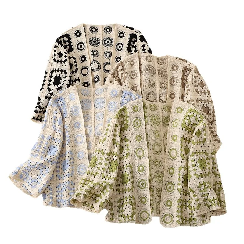 خمر بوهو فضفاض منقوشة بالأزرار الإناث طويلة الأكمام هوك زهرة الجوف القمم 2025 عطلة واقية من الشمس قميص غير رسمي