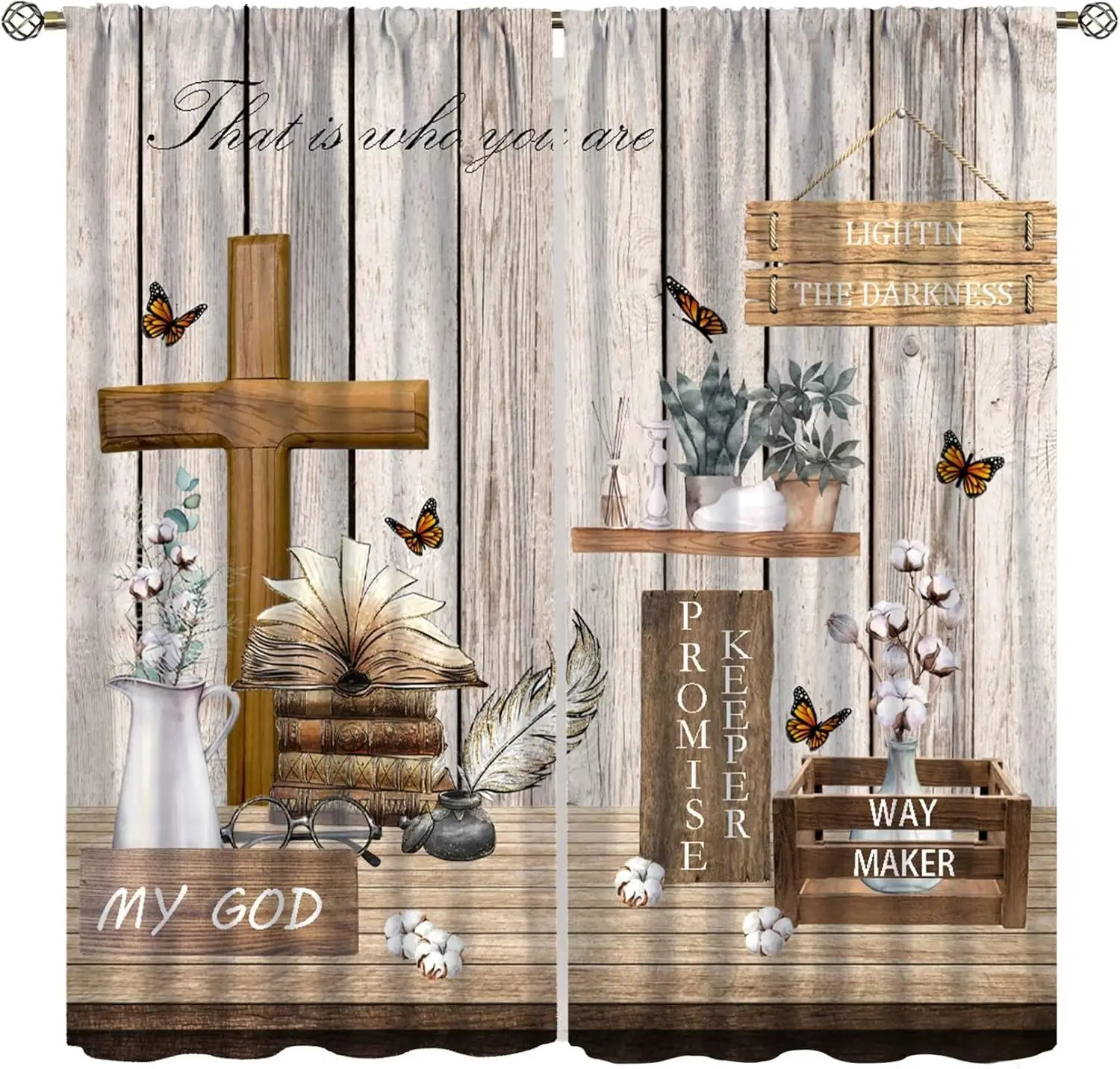 Vintage Christian Cross Curtain,Rustic Bible Verse Motivative Inspirational Quotes Wood Plank Decor Rod Pocket Window Curtain,fo