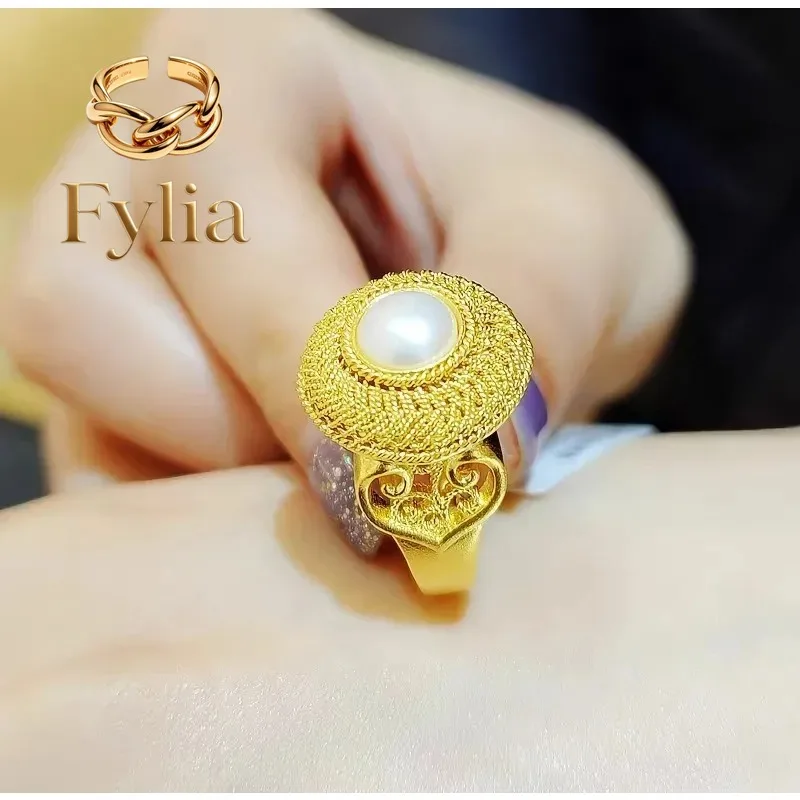 Fylia Jewelry   Boutique 24K real gold New Chinese retro silk Pearl Ring au9999 Gold ancient fashion ring index finger ring