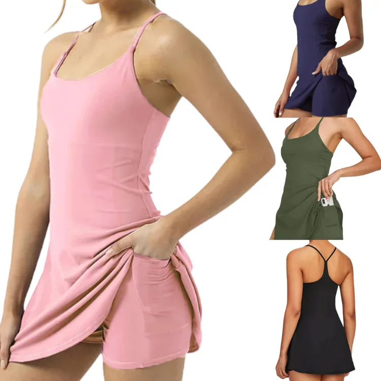 Tennis Dress with Shorts Pocket Women Summer Workout Golf Outfit Badminton Sleeveless Athletic Dresses Yoga Sportswear Fitness