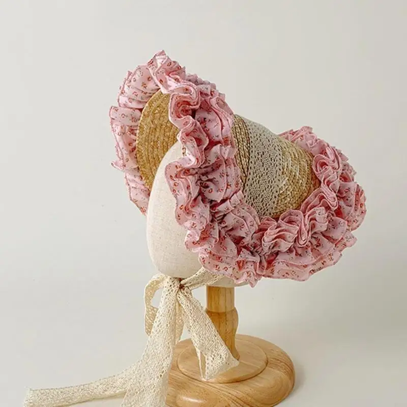 

P31C Children Flat Top Hat Girl Hat Lace Flower Pattern French Hat