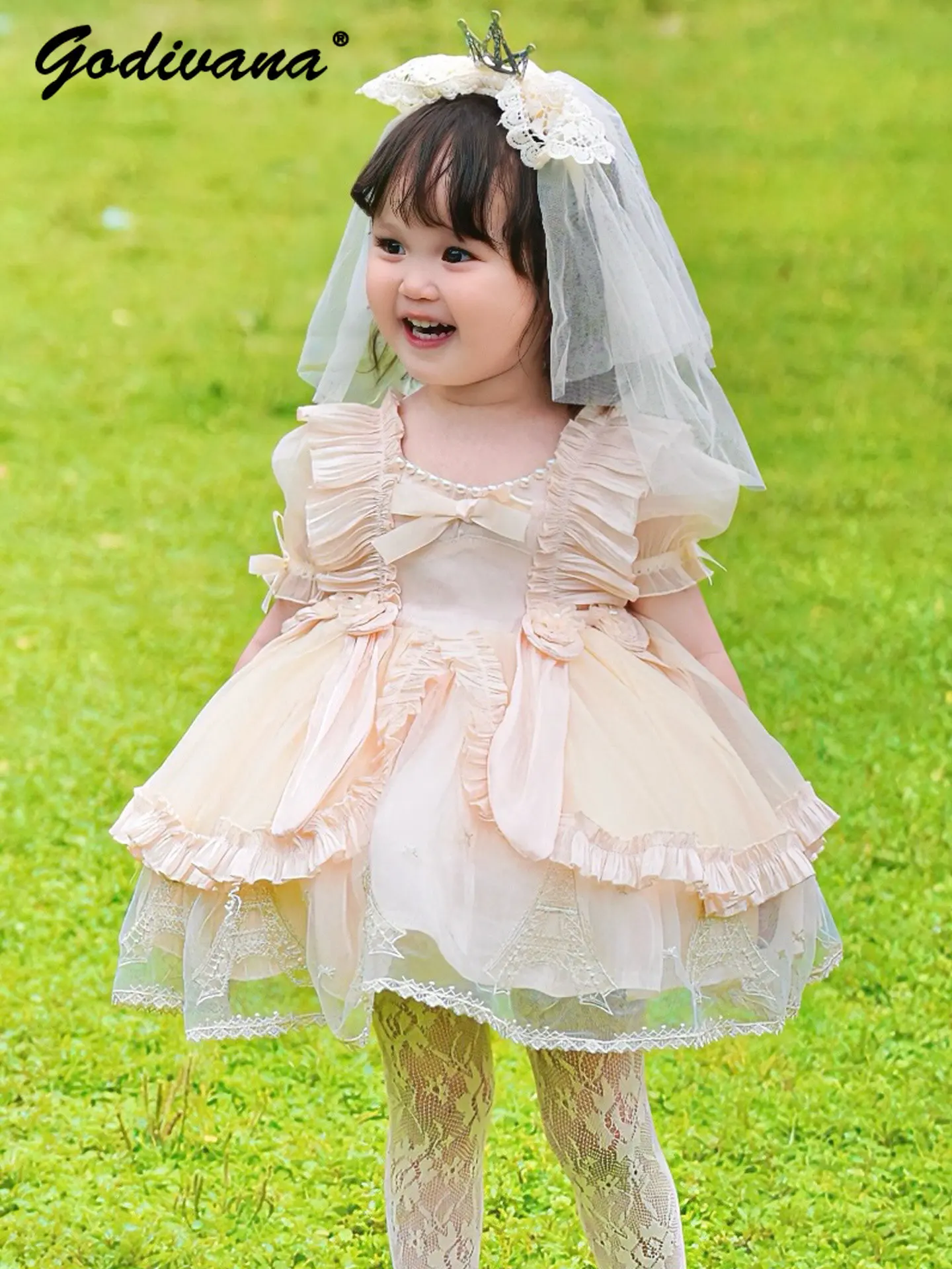 Sweet Baby Girls Elegant Lolita Princess Dress Kids High End Pearls Collar Mesh Ruffle Trim Birthday Party Performance Ball Gown