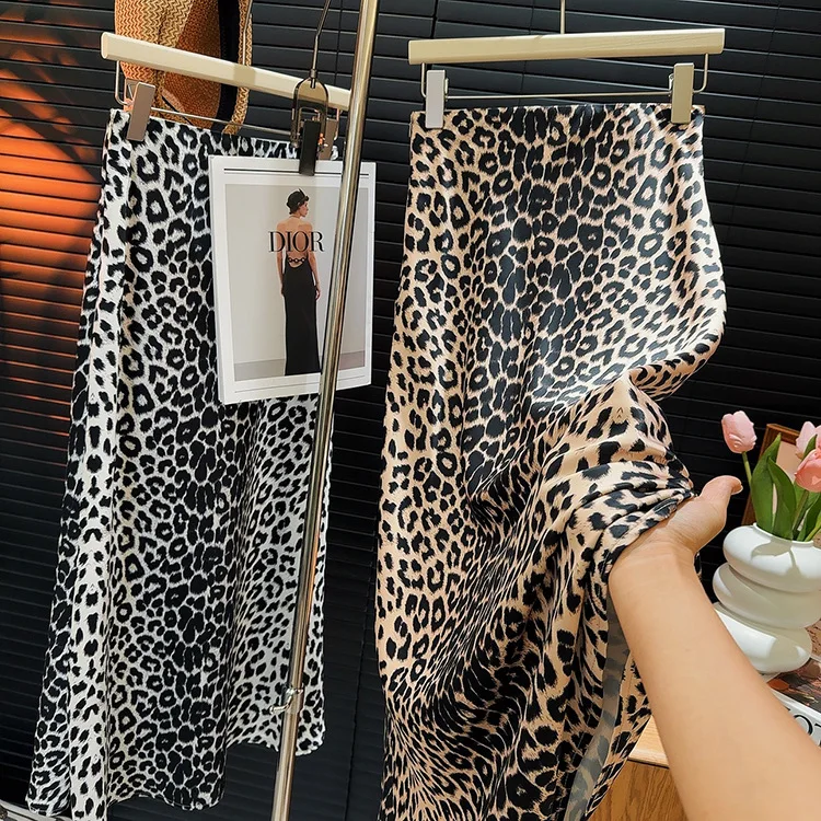 

American retro acetic acid satin leopard print hip-wrapped fishtail skirt summer new niche high-waisted drawstring drape skirt