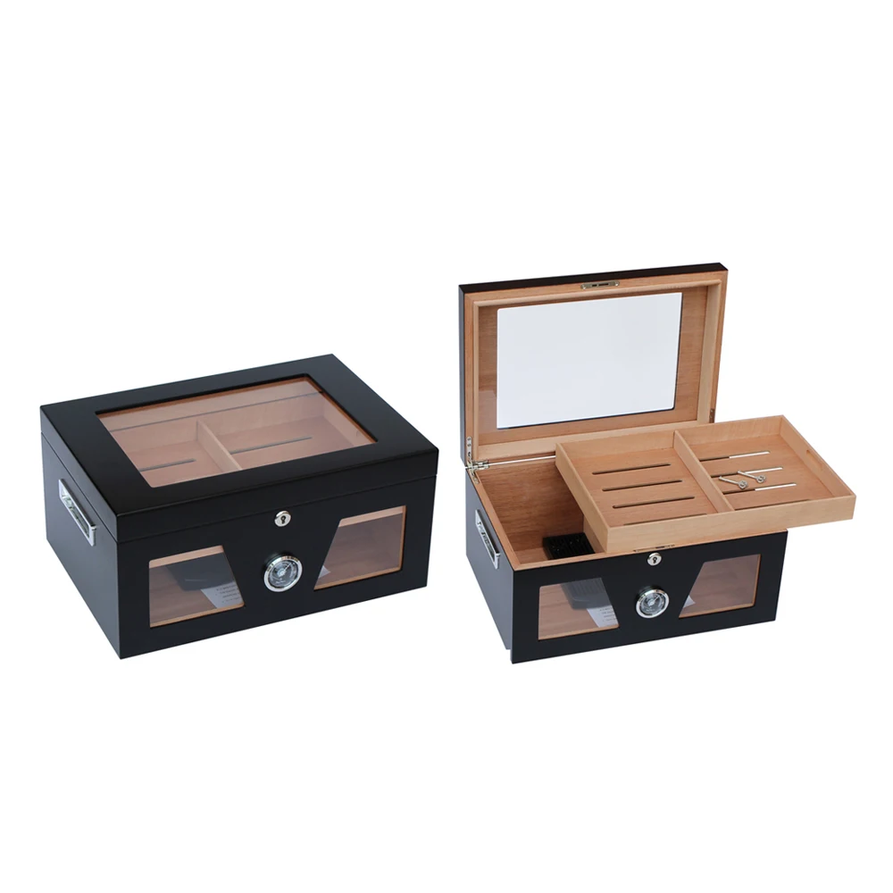 

wholesale custom spanish cedar wooden box with hygrometer & humidifier solution desktop Acrylic cigar humidor