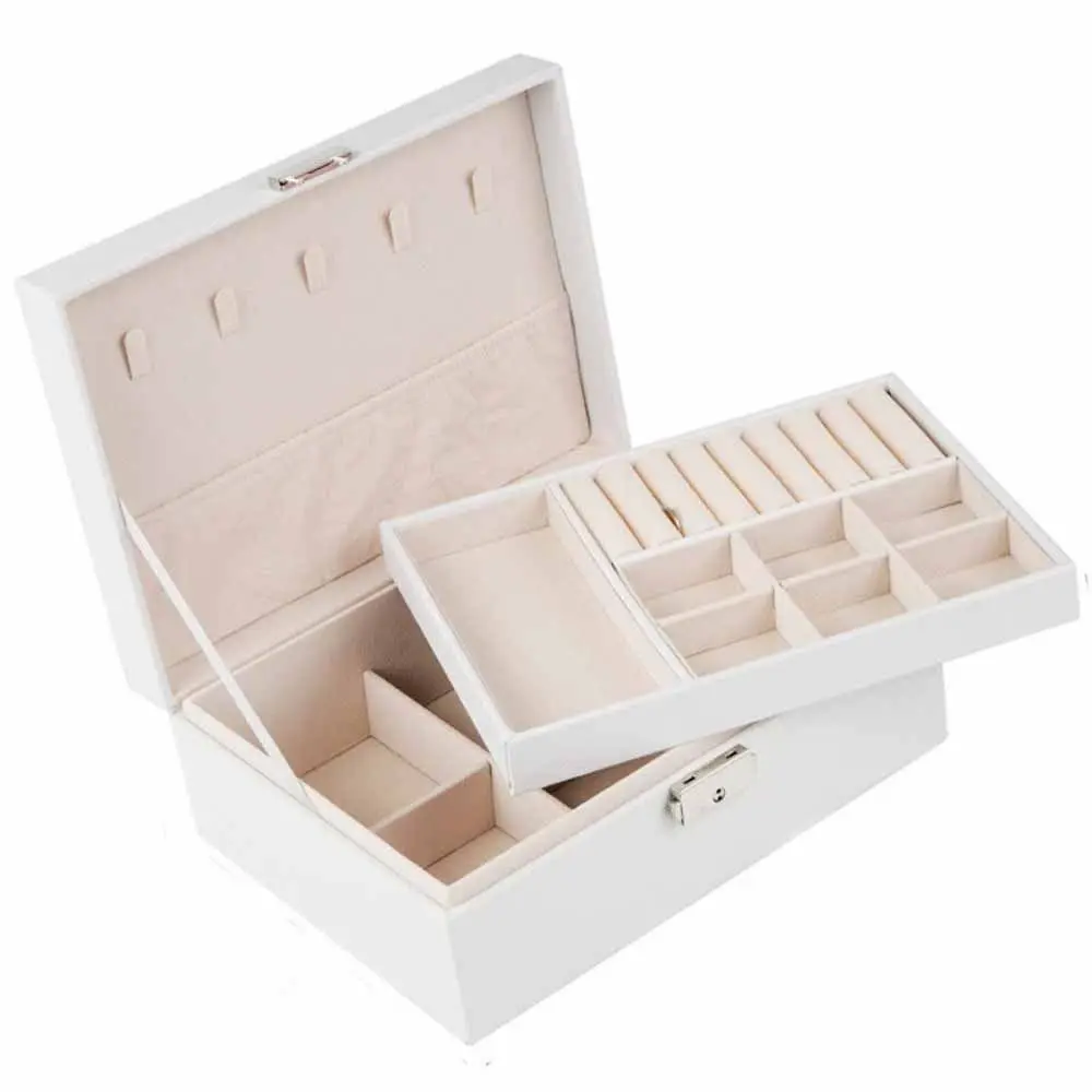 

2 Layer Double-layer Jewelry Box with Lock Elegant Leather Jewelry Organizer Large Capacity PU Leather Jewelry Display Case