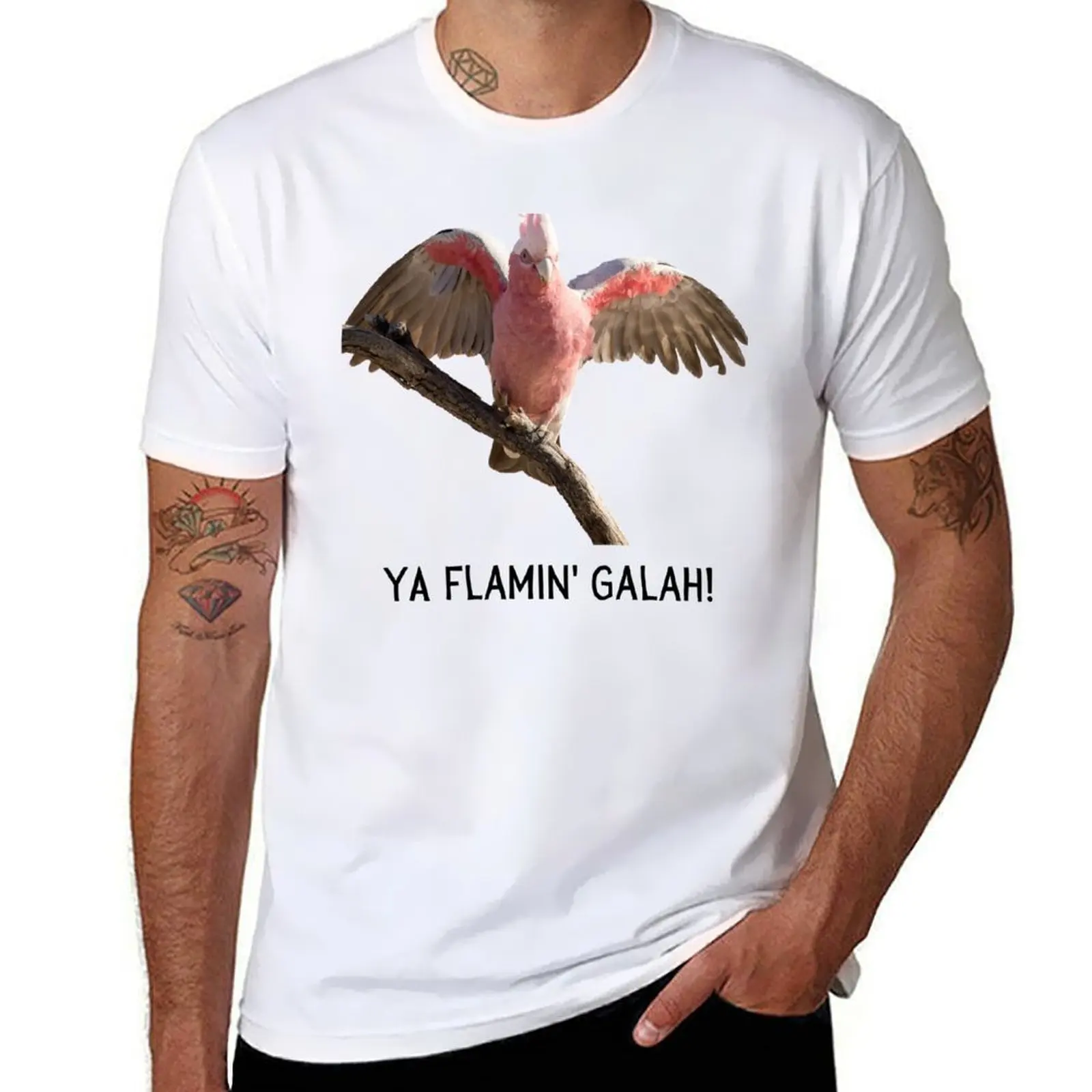 

Ya flamin galah (You flaming galah). Photograph of pink and grey galah and black text. T-Shirt man t shirt summer T-Shirt