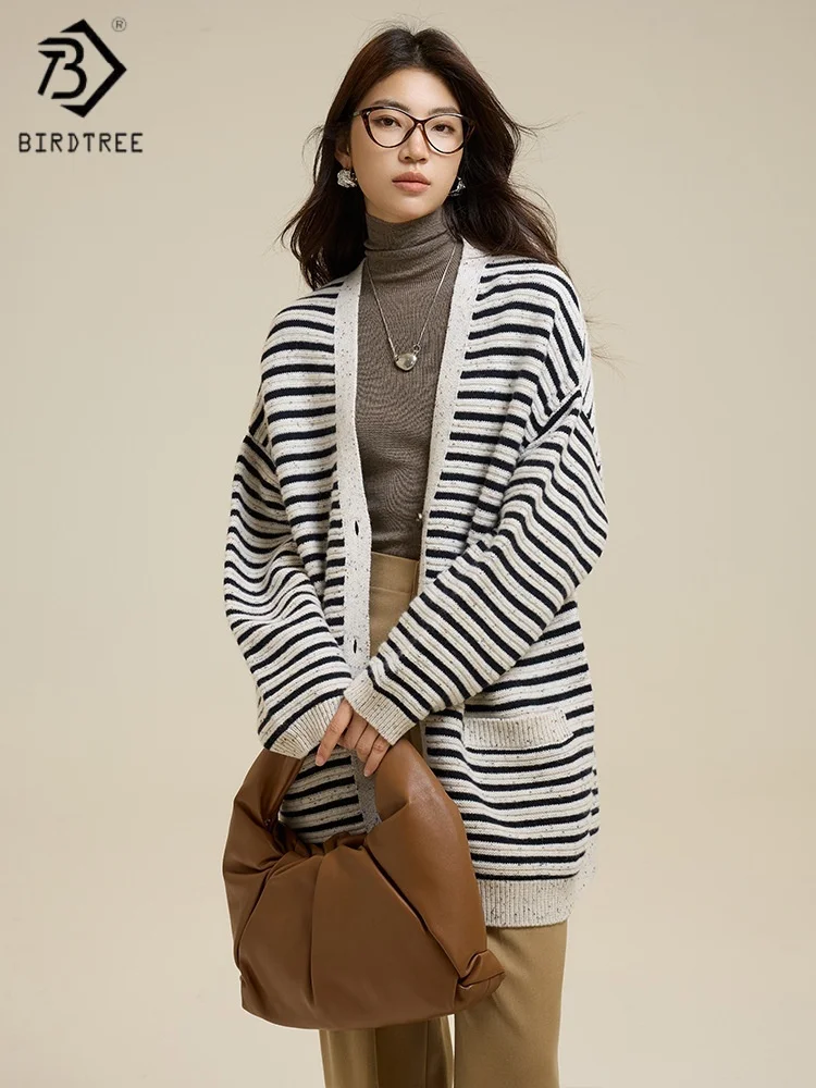 

Birdtree,100% Sheep Wool Stripe Knitted Long Cardigan,Woman V-neck Single Breasted Loose Coat,2025 Autumn Winter SweaterT5O620JF