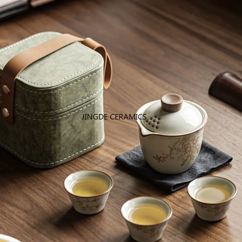 Beige Ru Kiln Travel Tea Set Peach Blossom Quick Customer Cup One Pot Three Cups Ceramic Outdoor Car Portable Kung Fu Tea Set