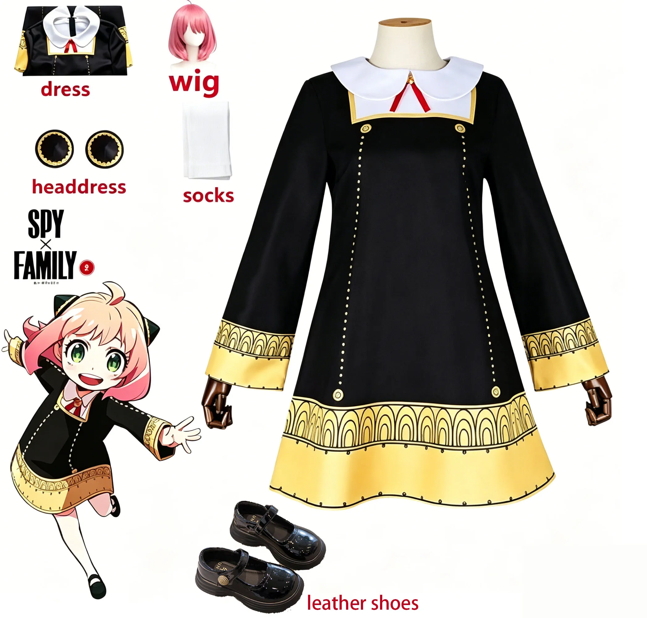 Spy X Family Anya Forger Cosplay Costume Black School Uniform Dress Wig Socks Headdress Shoes Full Set Halloween Outfit