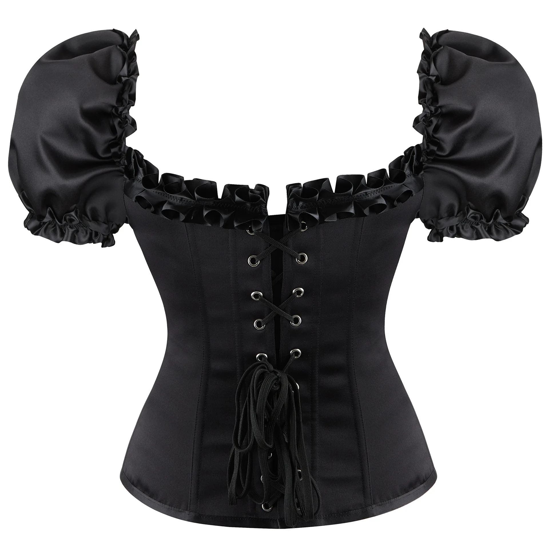 Black Gothic Corset Blouse Short Puff Sleeve Overbust Corsets and Bustiers Waist Trainer Slimming Modeling Strap Shapewear Women