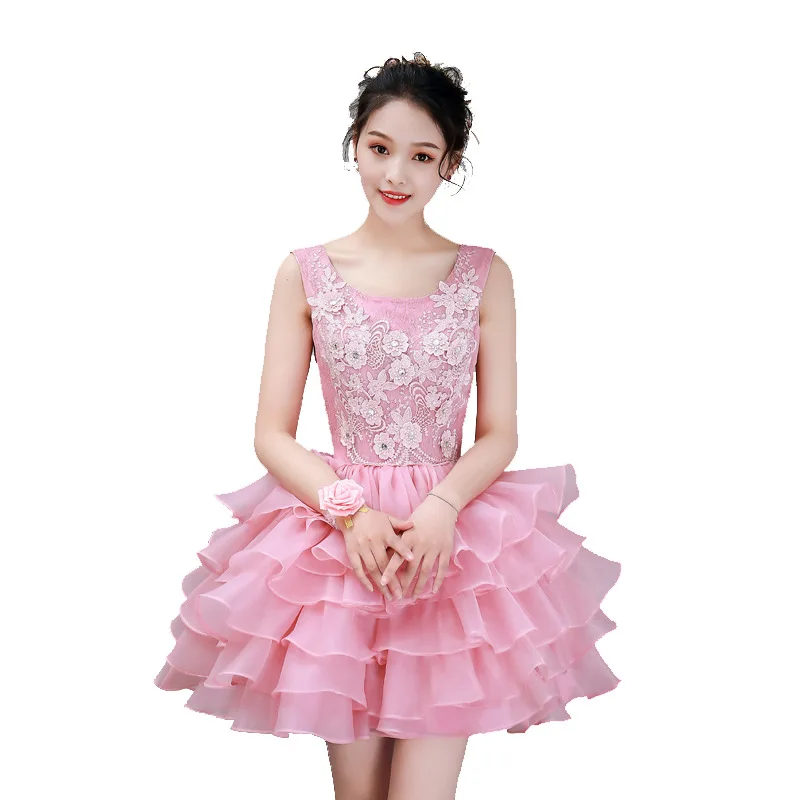 Lovly Pink Mini Quinceanera Dresses O-neck Tiered Short Vestido De 15 Años Ball Gown