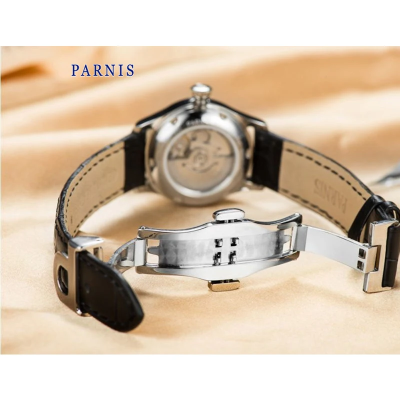 Parnis-relógio feminino com mostrador azul, automático, luxo, safira, cristal, pulseira de couro, 26mm