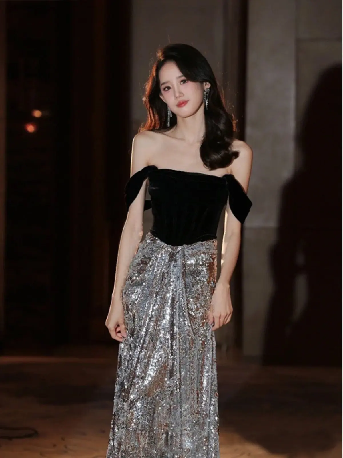 

Ele One-oulder Bla Evening Gown Angel's Wedding Dr Host Dinner Par Performance Korean Sle Velvet A-Line Skirt