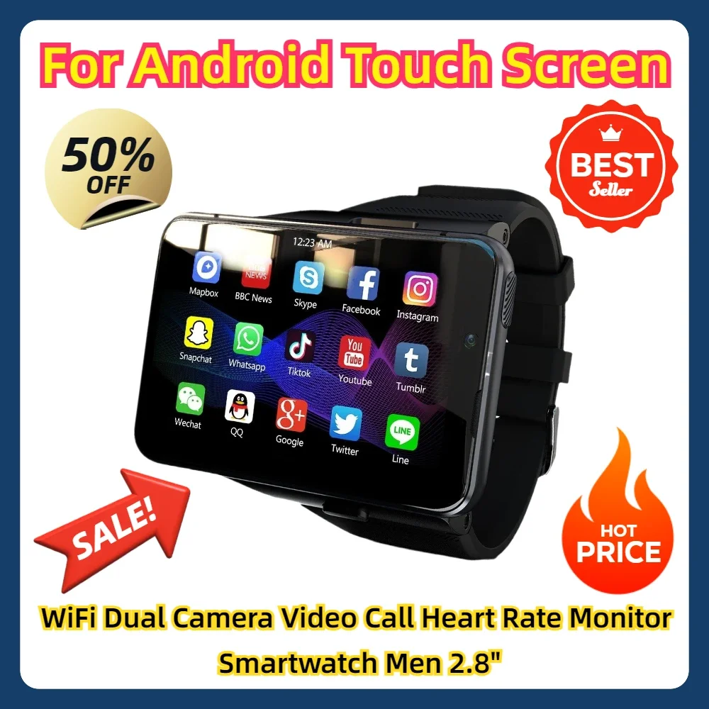 For Android Touch Screen WiFi Dual Camera Video Call Heart Rate Monitor Smartwatch Men 2.8