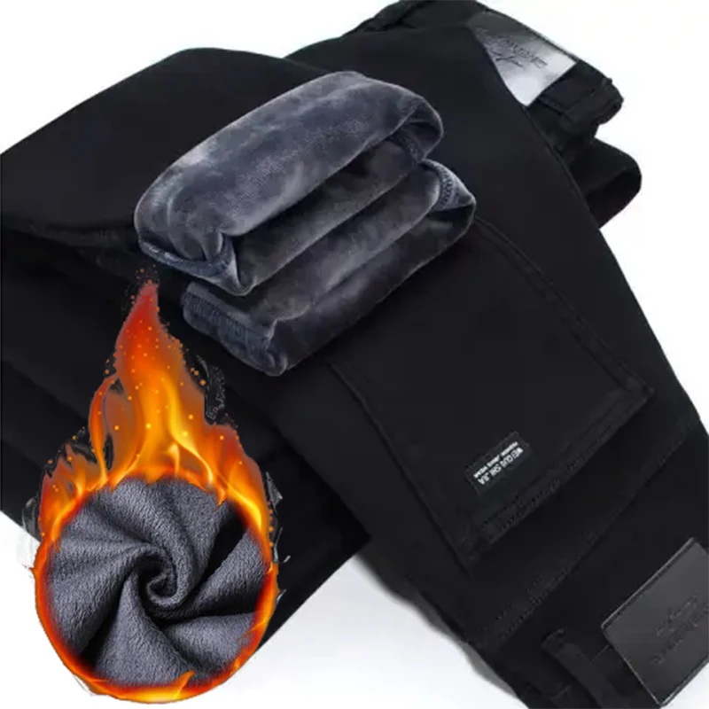 

Мужские зимние теплые джинсы с защитой от холода, мужские утолщенные джинсовые брюки на флисовой подкладке, удобные классические повседневные официальные черные брюки