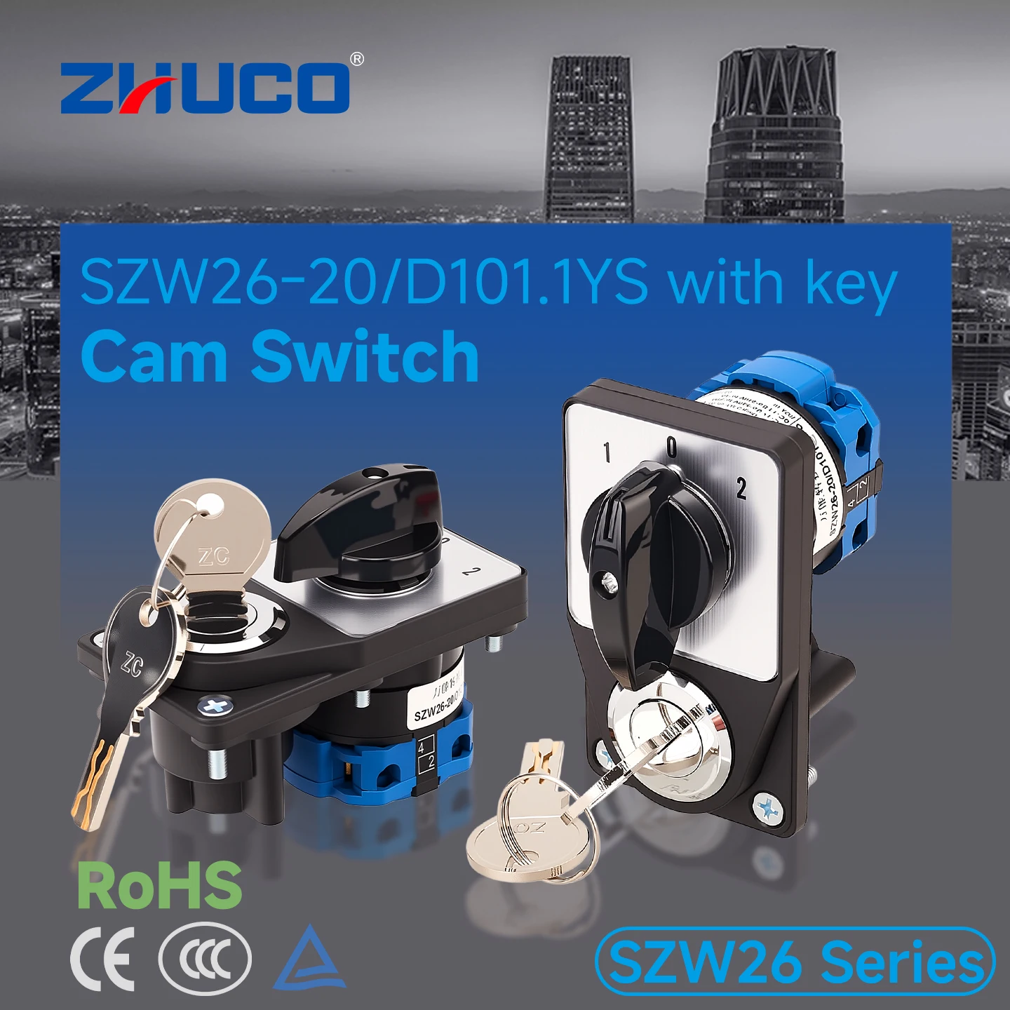 Zhuco 2/3 Position Selector Switch 20A 690V, 4-Terminal Universal Rotary Cam Selector with Locking Switch, Suitable for Distribution Cabinets, Machine Tools, Industrial Panels (Szw26-20/Ys, on Off On, on Off, on on)