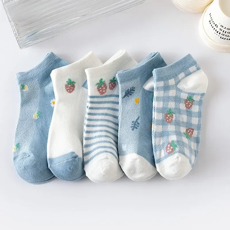 5 Pairs Socks Women Four Seasons INS Strawberry Mesh Socks Ladies Low Top Shallow Mouth Boat Socks