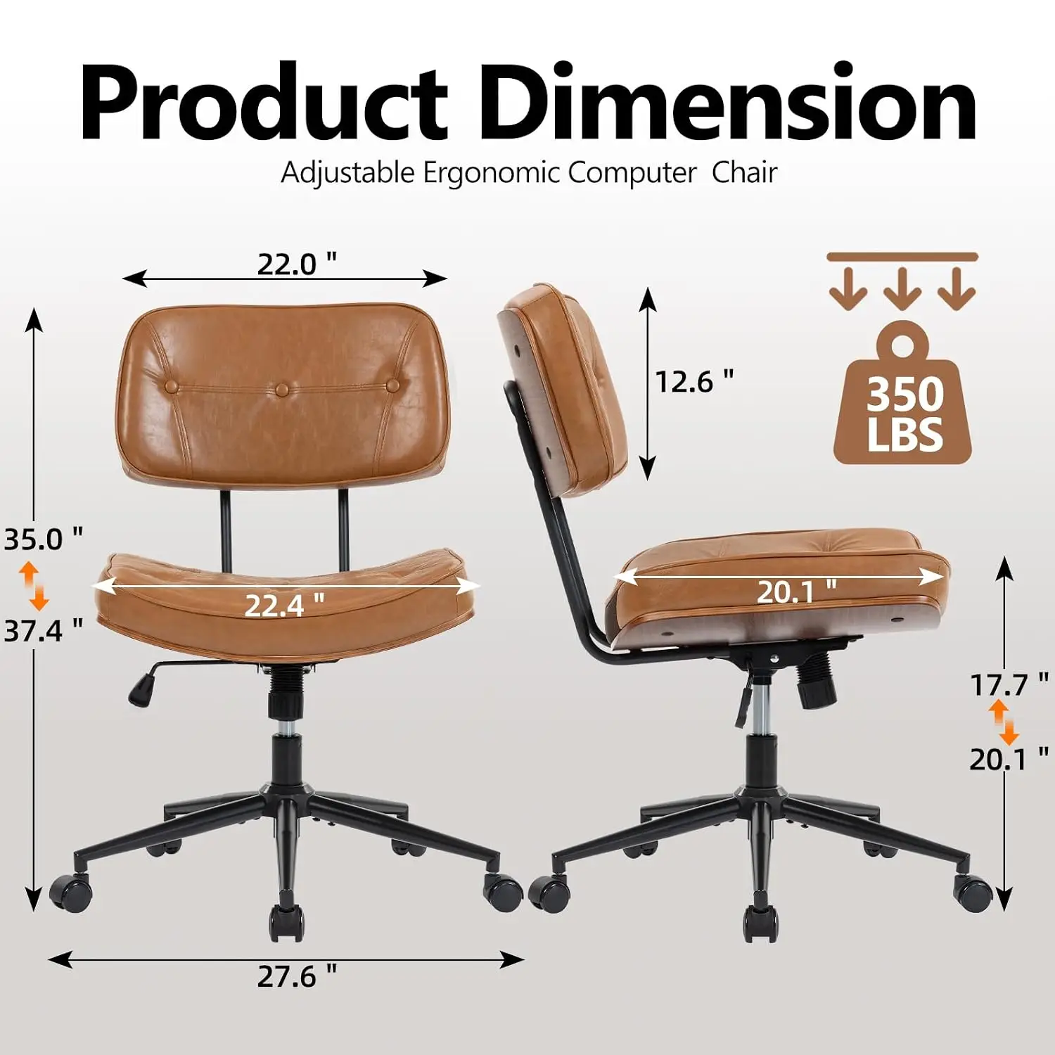 Walnut Armless Office Chair, PU Leather Adjustable Swivel Rolling Task Chair, Ergonomic Criss Cross Computer Chair, Customized