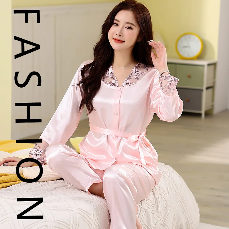 

Пижамы из ледяного шелка, женские весенне-осенние брюки с длинными рукавами, костюм, летняя сексуальная кружевная женская одежда для дома знаменитостей в Интернете, Coo