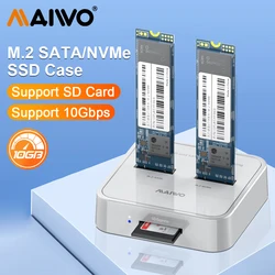 MAIWO-Dual Bay M.2 Drive Docking Station, NVMe, SATA, Adaptador SSD, 10Gbps, Gabinete Caso PCIe Portátil, Suporte a Cartão SD