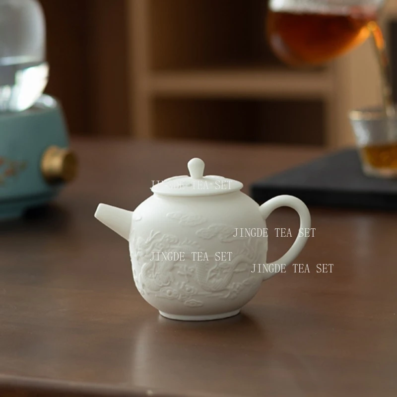 Chinese Style Sheep Fat Teapot Embossed Dragon and Phoenix Teapot with Filter Holes Ceramic Kung Fu Tea Set Tea Infuser