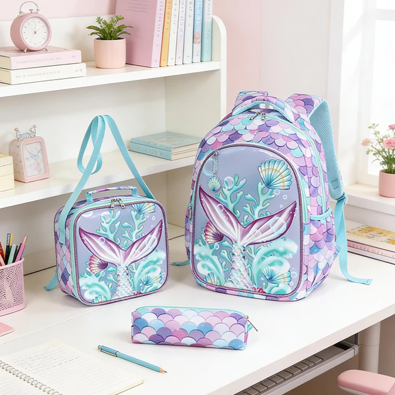 

Mermaid Tail Pattern Unisex Backpack Set with Lunch Bag And Pencil Case Large Capacity Thermal Insulation for School Commuting