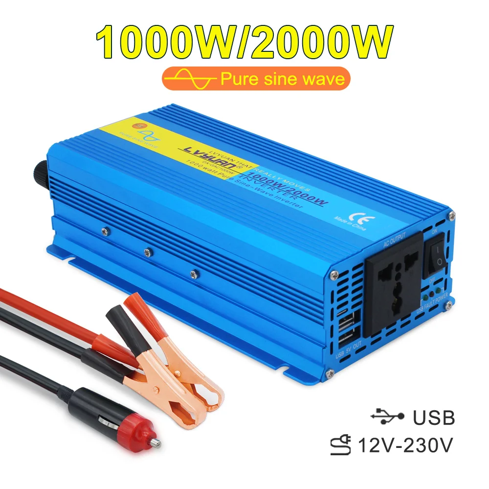 Lvyuan 1000W/2000W Pure Sine Wave Voltage Converter Plug Converter 12V Inverter 2KW Inversor Solar Power Supply Home Invertor