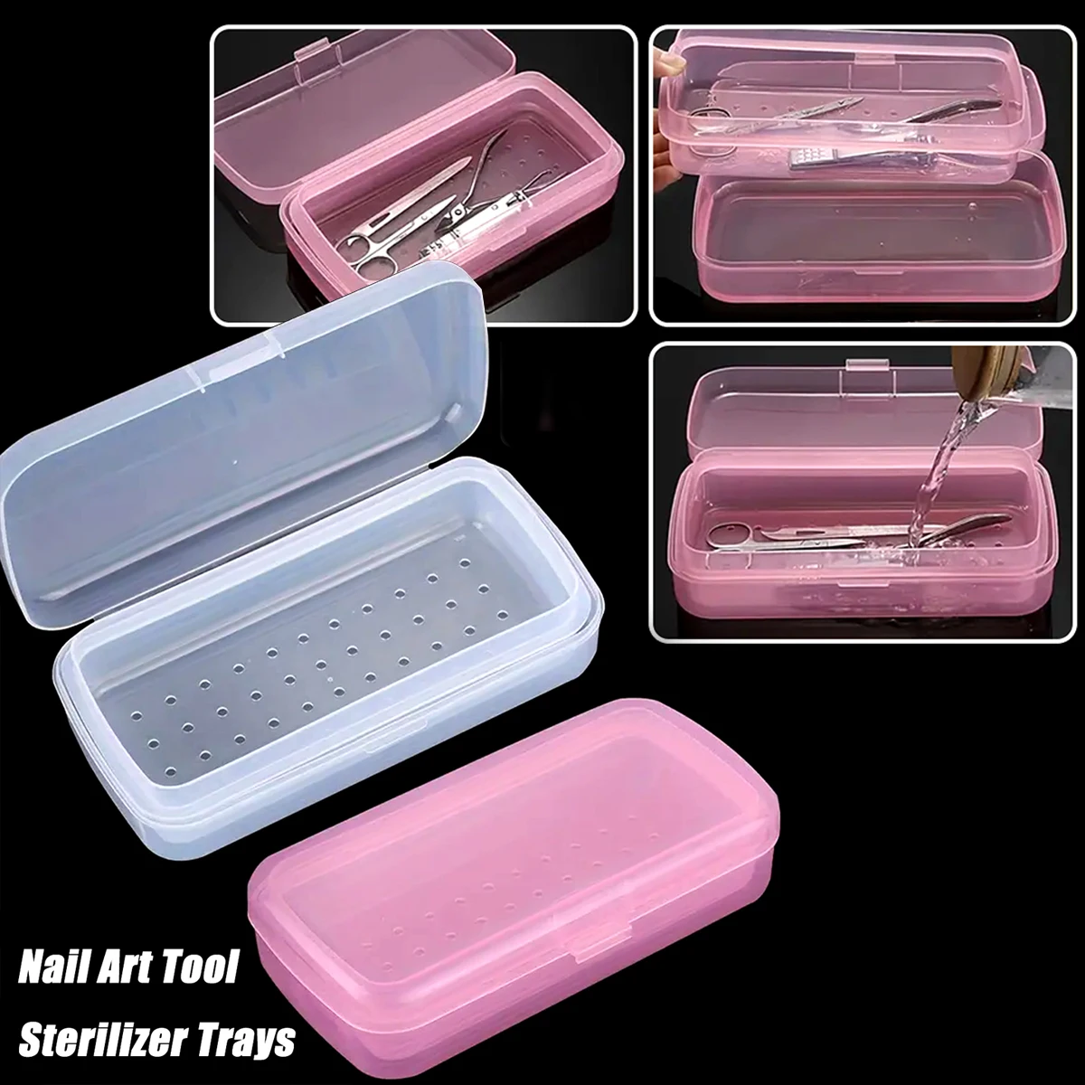 Portable Nail Salon Disinfection Box Transparent Pink Disinfection Tray Non-Battery Sterilization Box Suitable for Nail Art Tool
