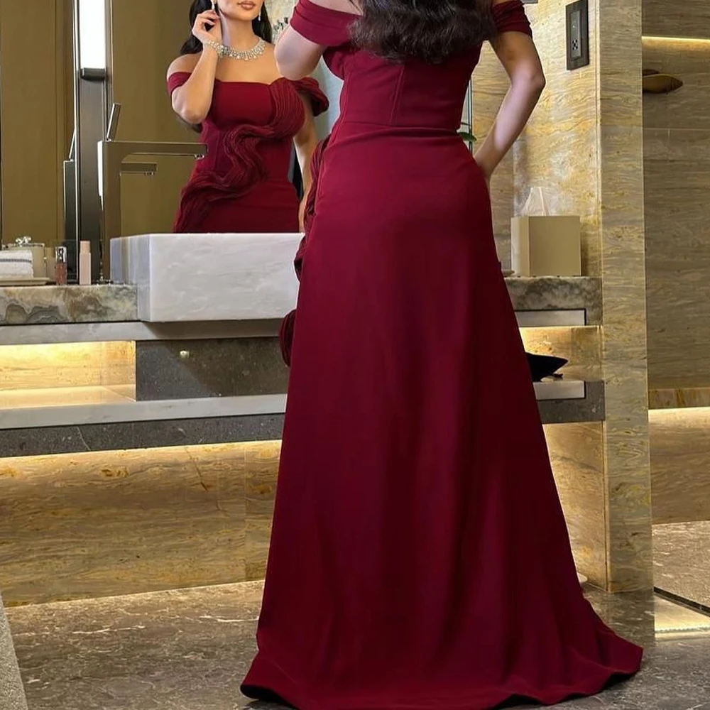 Formal Pleats Strapless Off the Shoulder Short Sleeves Evening Dresses Exquisite A-Line Burgundy Jersey Party Gowns فساتين سهرة