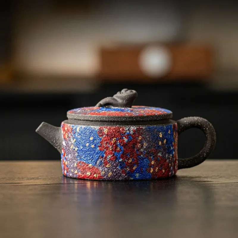 Colorful Rock Mineral Teapot Fully Handmade Ceramic Tea Brewing Pot Gold-Plated Vintage Kung Fu Tea Set Tea Brewing Device