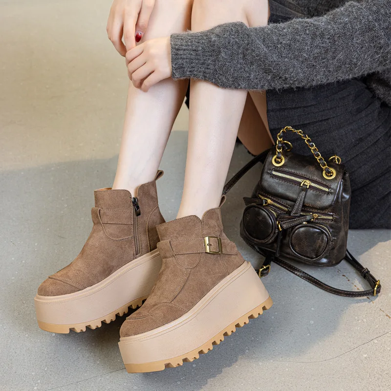 8cm 2025 gamuza de vaca cuero genuino moda mujer botines zapatos de primavera plataforma de chimenea cuña invierno botas de otoño de felpa