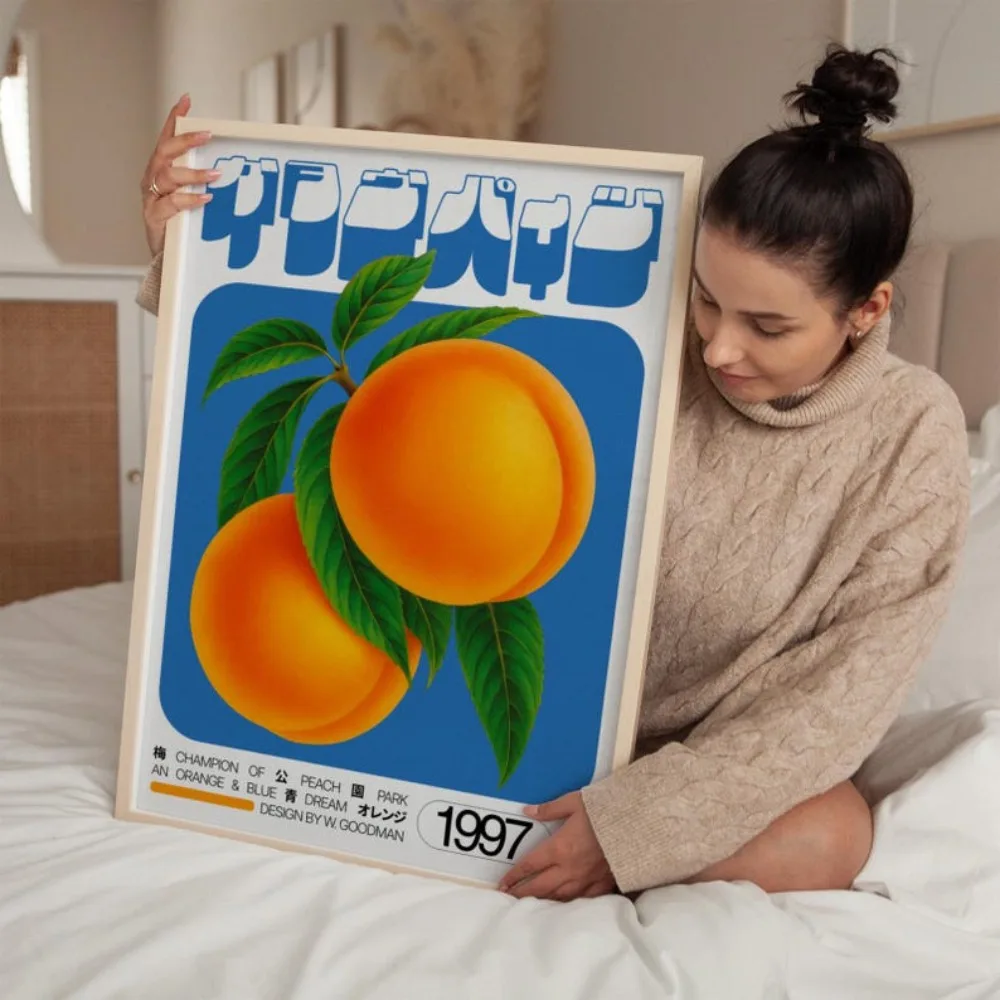 ملصق Champion Peach مطبوع عليه فاكهة يابانية عتيقة، لوحة فنية جدارية على شكل شجرة الخوخ، جمالية مستوحاة من موجة البخار في التسعينيات، تنزيل رقمي قديم