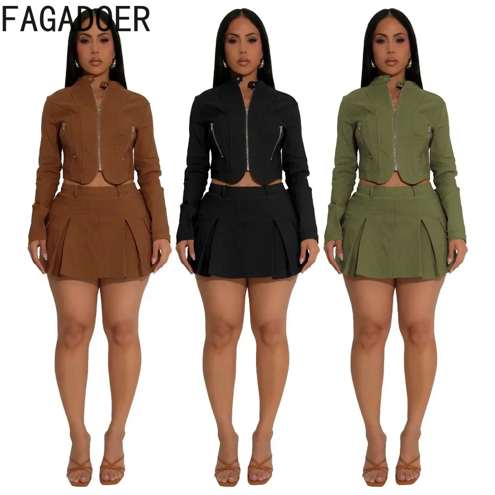 

FAGADOER Fashion Two Piece Outfits Woman Long Sleeve Zipper Patchwork Jacket Top + Pleated Skirt Female Streetwear 2025 New