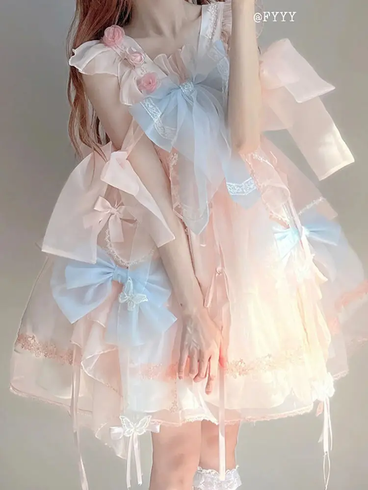 Vestido de princesa lolita feminino, bonito e fada estilo chinês, manda arco