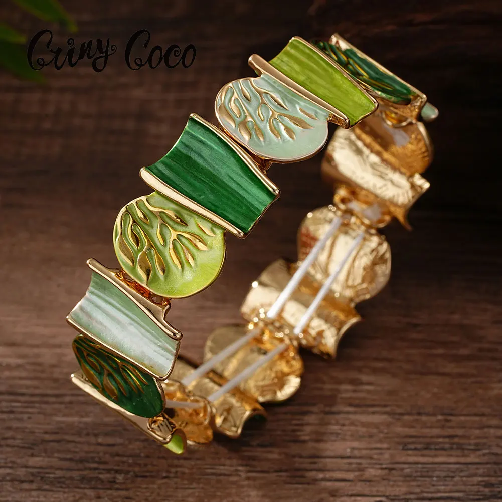 Cring Coco Enamel Leaf Bracelet Women's Stretchable Elegant Simple Bangle Zinc Alloy Bracelets Spring Summer Jewelry for Women