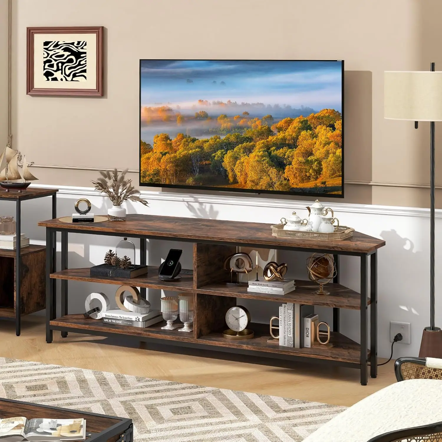 Corner TV Stand for TVs up to 65”, TV Console Table w/AC Outlets, USB A Ports, USB C Port, Metal Frame & Storage Shelves, 55